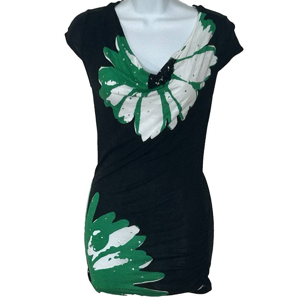 Y2K Drape Neck Long Top XS‎ Black Green Flowers Sequins Ruched Stretchy INC